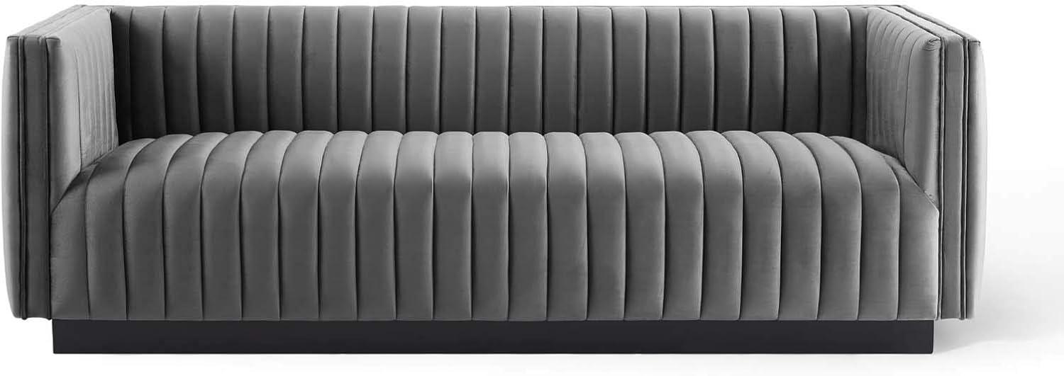 Gray Tufted Velvet Tuxedo Arm Sofa with Wood Base