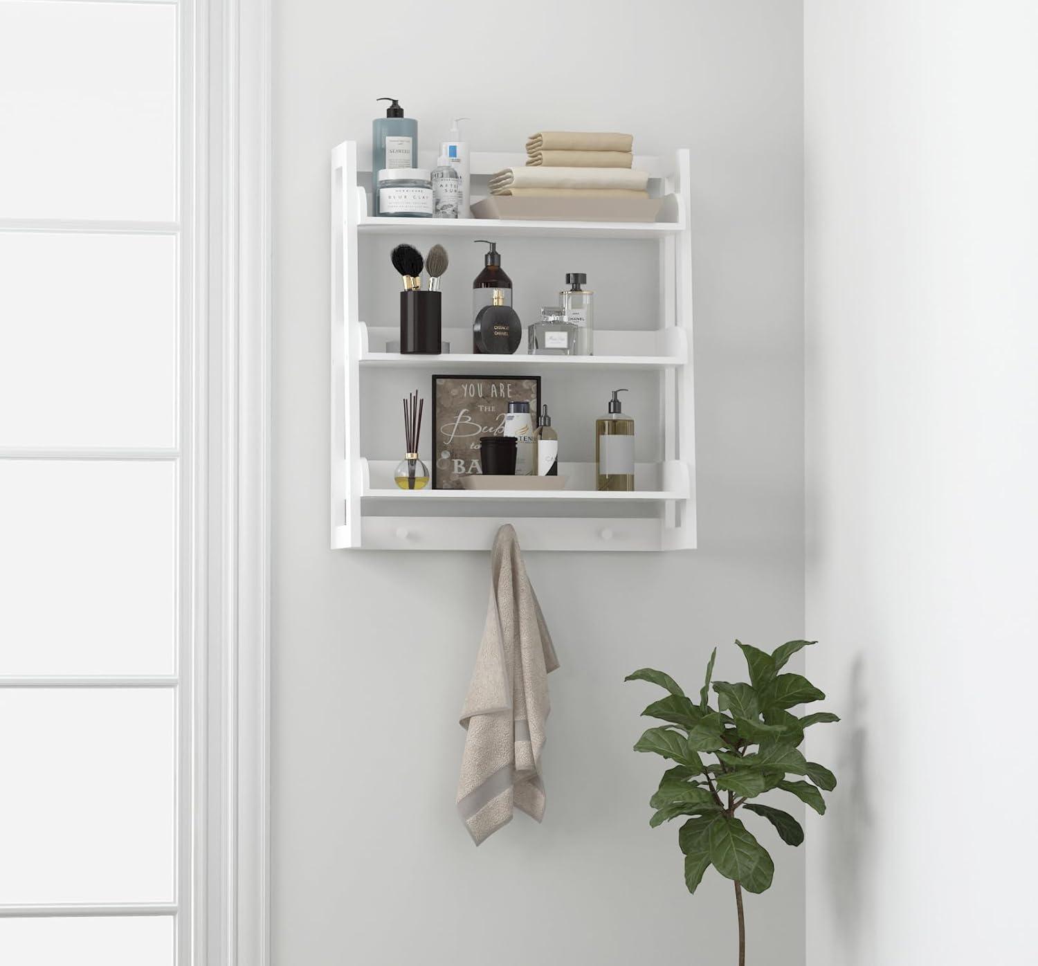 White Wooden 3-Tier Wall-Mounted Bathroom Shelf with Hooks