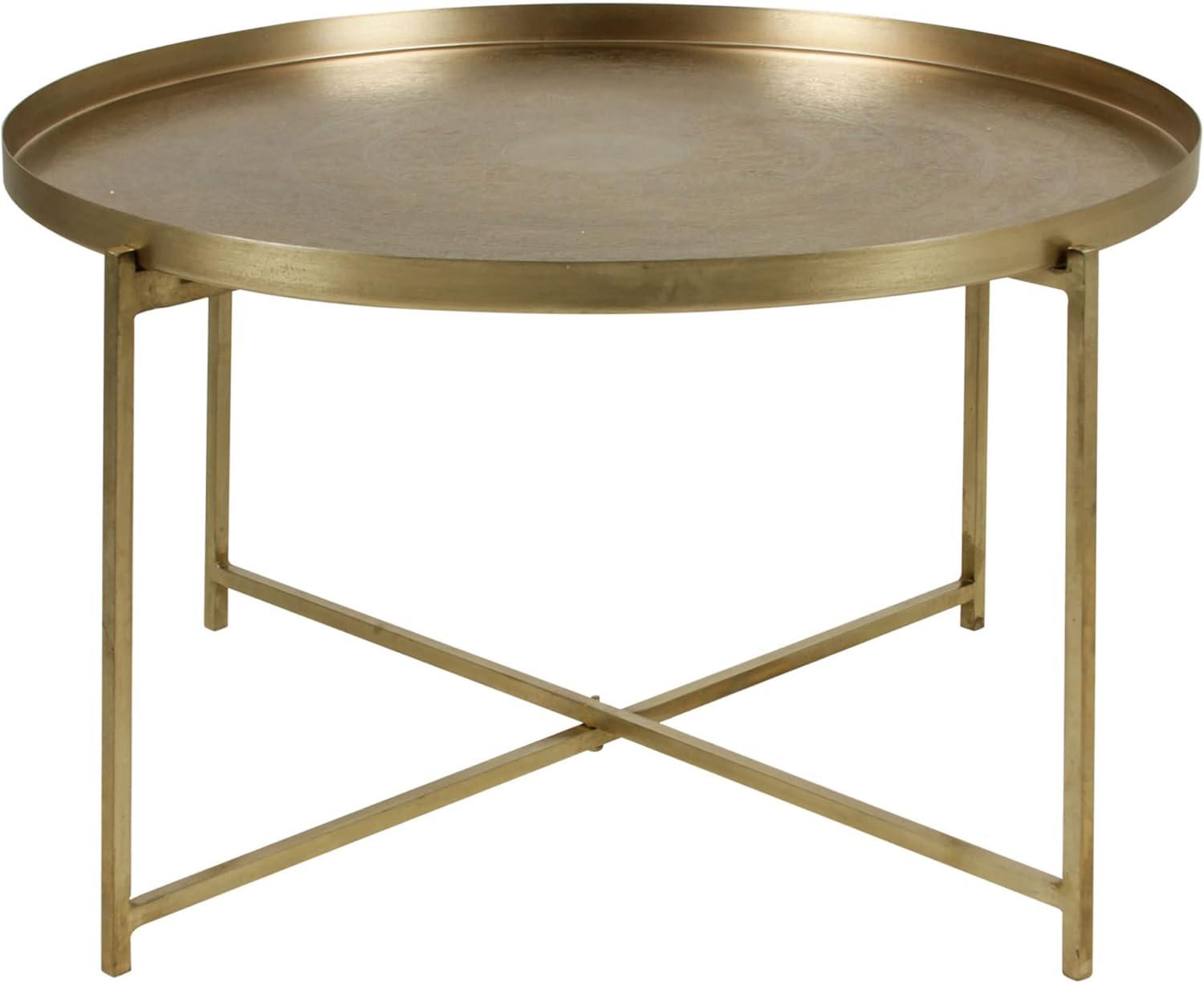 Eros Large Round Tray Top Collapsible Brass Coffee Table with Etched Flower Design by East at Main 29"Dia x 16"H