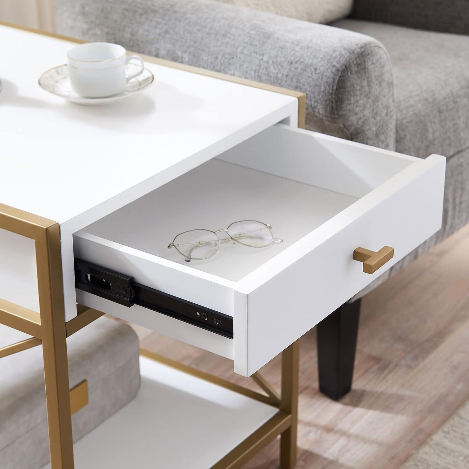 Leick Home Claudette Mixed Metal and Wood 1-Drawer End Table with Shelf, White/Gold