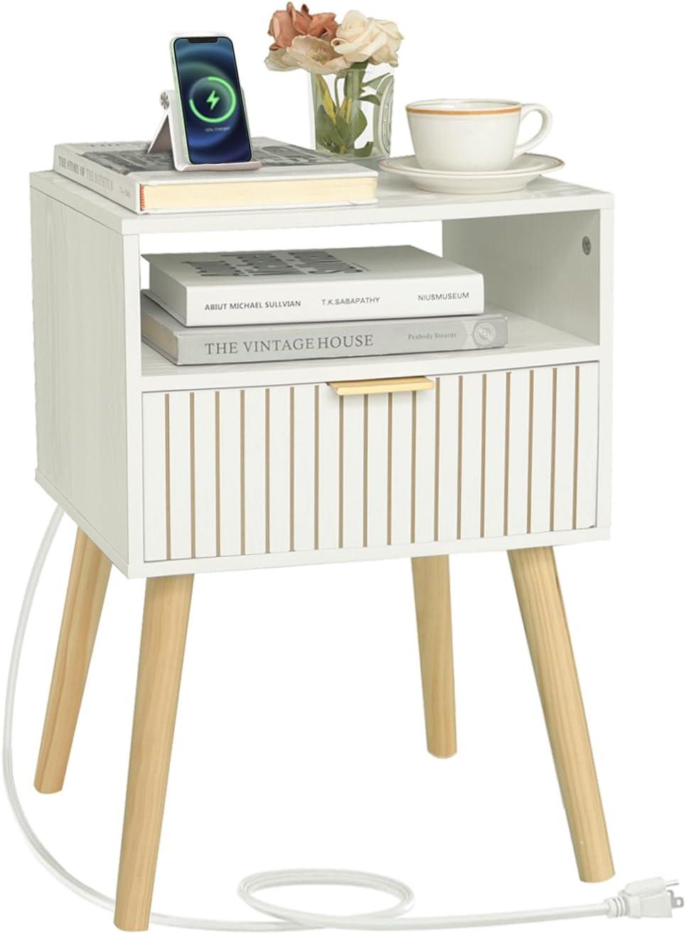 White Nightstand, Mid Century Modern Nightstand, Small Bedside Table End Table for Bedroom with 2-Tier Storage, White