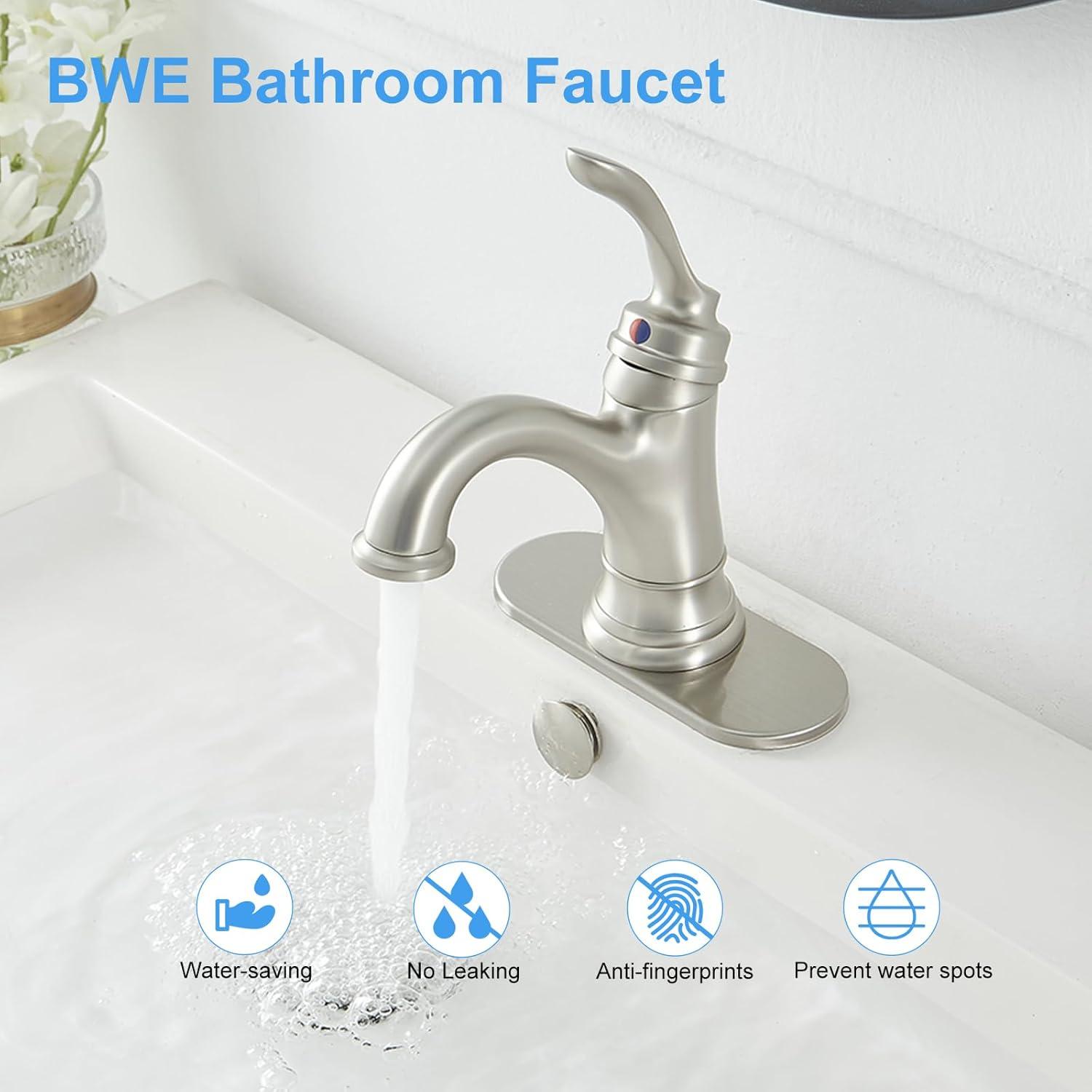 BWE Brushed Nickel Bathroom Faucet 1 Hole Single Handle Bathroom Sink Faucet with Brass Pop Up Drain and Supply Line High Arc Bath Vanity Faucet for Lavatory Mix Tap
