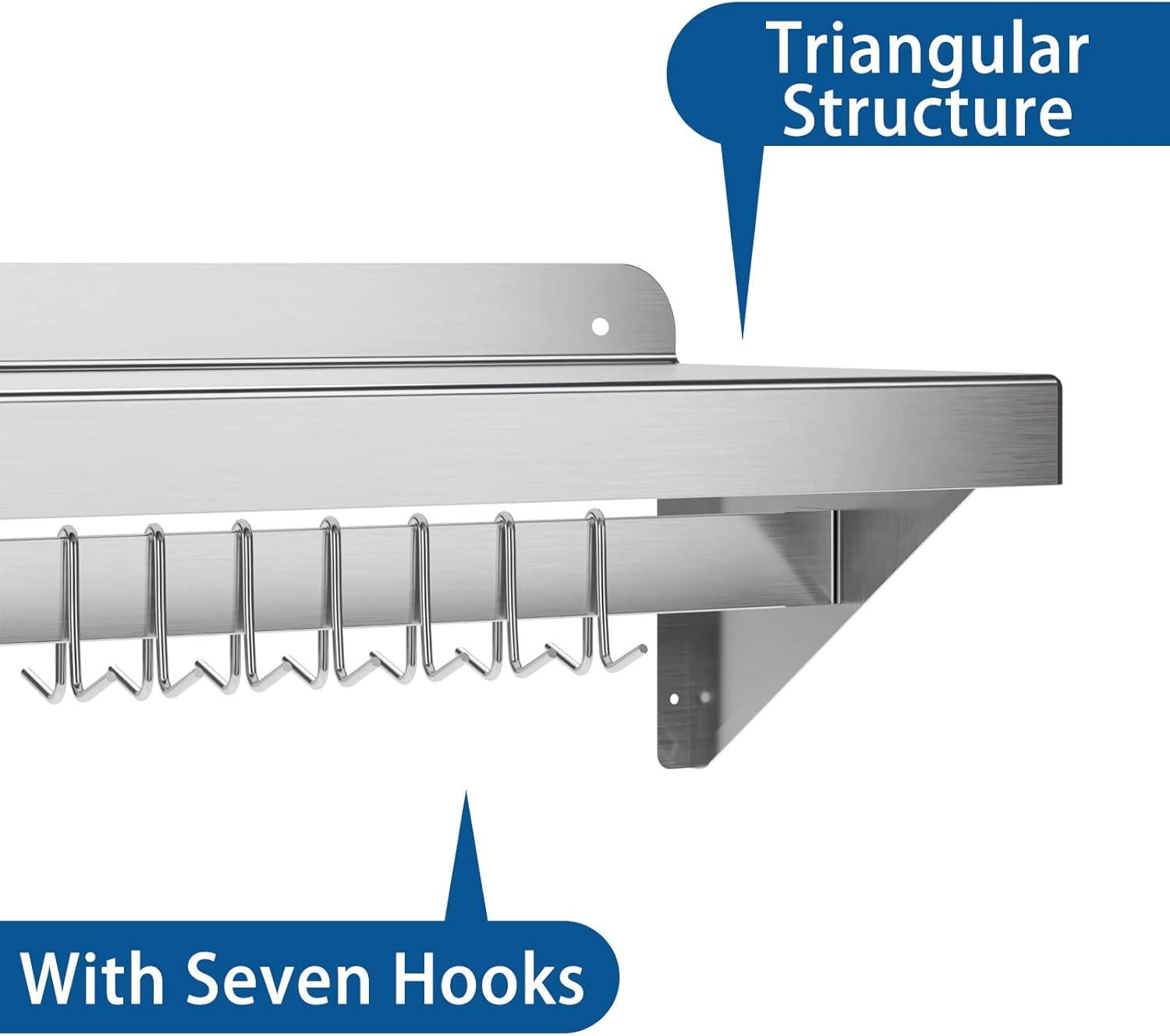 Towallmark Stainless Steel Shelf, NSF Commercial Shelf Wall Mounted, Wall Shelf Floating Shelving for Restaurant, Kitchen, Home, Hotel, 48 x 12 Inches Flat Surface with 7 Hooks