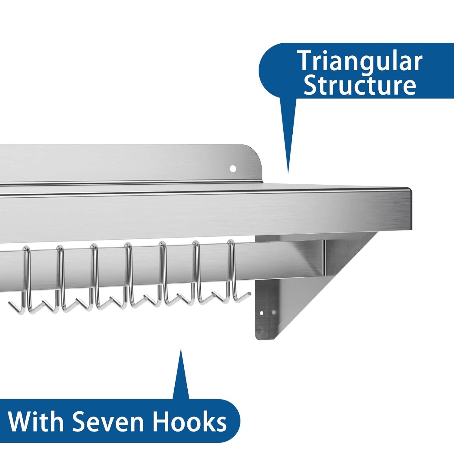 Towallmark Stainless Steel Shelf, NSF Commercial Shelf Wall Mounted, Wall Shelf Floating Shelving for Restaurant, Kitchen, Home, Hotel, 48 x 12 Inches Flat Surface with 7 Hooks
