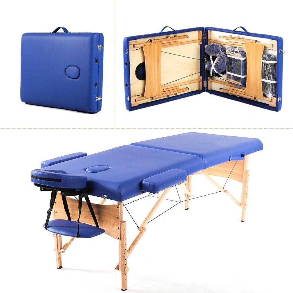 FDW Portable 84 Inches Long 28 Inchs Wide Hight Adjustable Table 2 Folding Massage Spa Facial Cradle Salon Bed W/Carry Case,Blue
