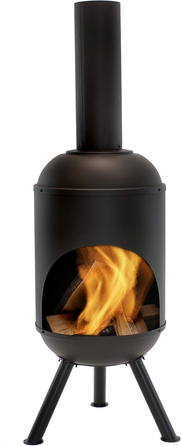 60" Heat-Resistant Black Finish Steel Wood-Burning Chiminea with Wood Grate