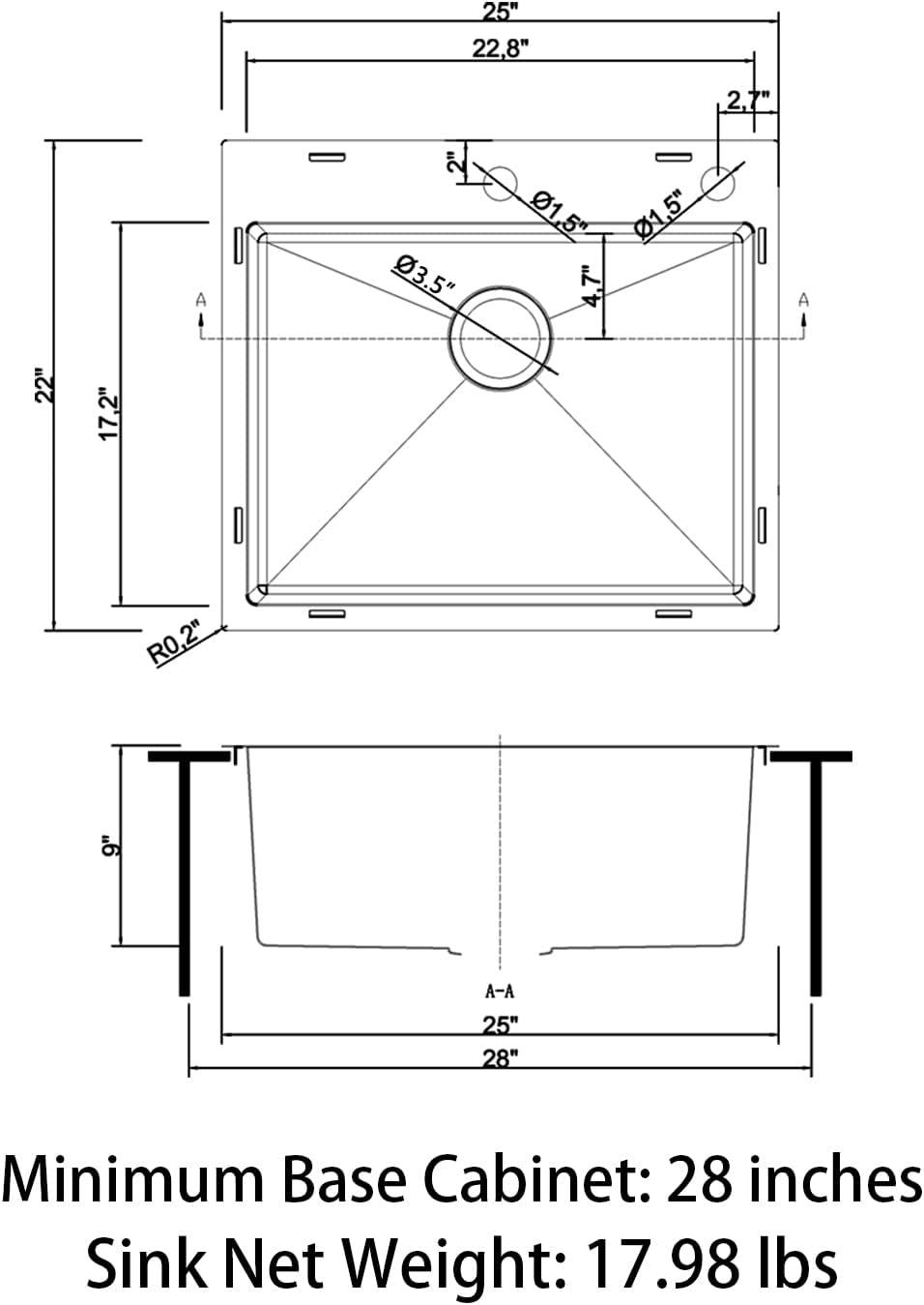 Sinber 25" x 22" Drop In Single Bowl Kitchen Sink with 18 Gauge 304 Stainless Steel Satin Finish