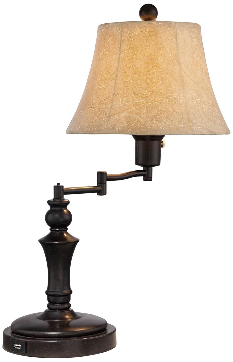 Regency Hill Traditional Desk Table Lamp Swing Arm with Hotel Style USB Charging Port 21.75" High Bronze Metal Faux Leather Bell Shade for Bedroom