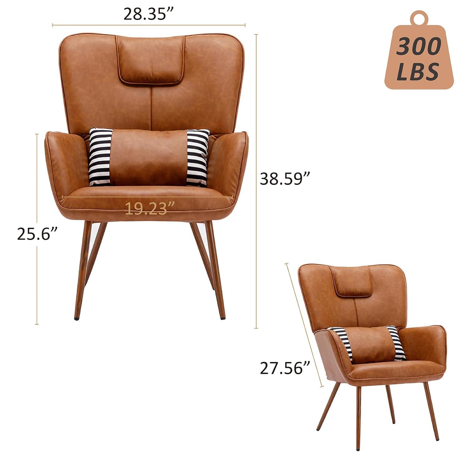 Faux Leather Wingback Chair, Arm Chair, Upholstered Living Room Chairs, Brown Accent Chair, Accent Chairs for Living Room, Bedroom, Office and Study