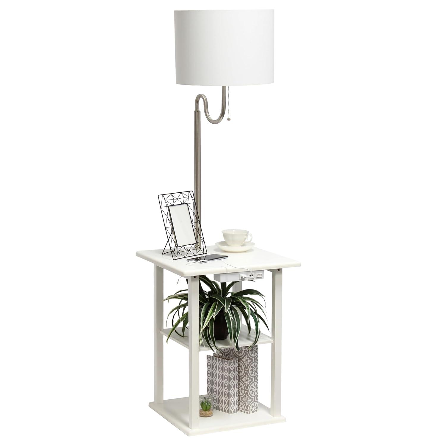 57 in. Modern 2 Tier End Table & White Drum Fabric Shade Floor Lamp with 2 x USB Charging Ports & Power Outlet, White
