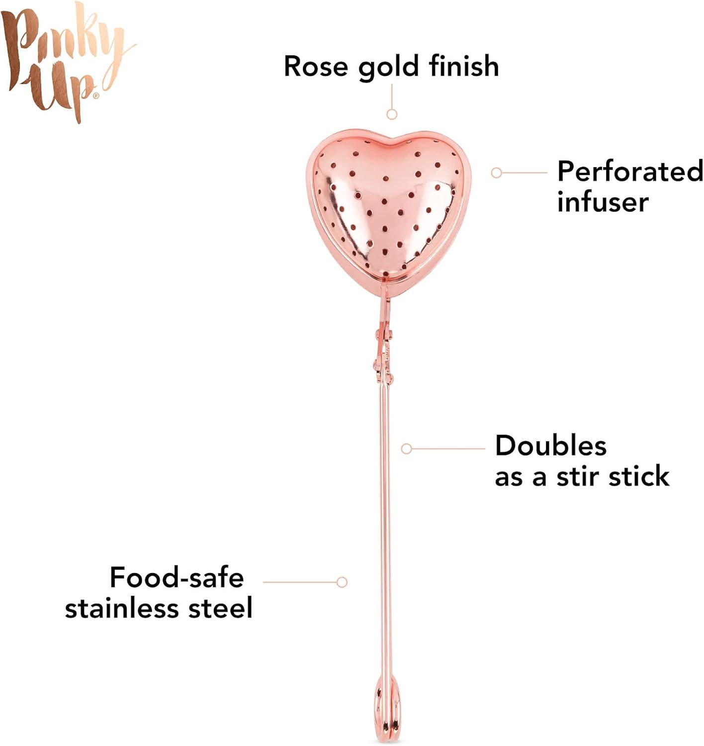 Pinky Up Heart Shaped Tea Ball Loose Leaf Infuser with Chain Hook, Rose Gold