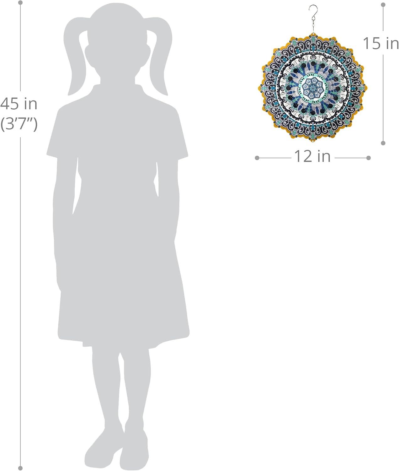 Exhart Wind Spinner, Blue and Black Mandala Hanging Wind Sculpture, 3D Laser Cut Patterns with Bead Details, Metal Outdoor Garden Decoration, Multicolor Lawn and Yard Art, 12 Inch