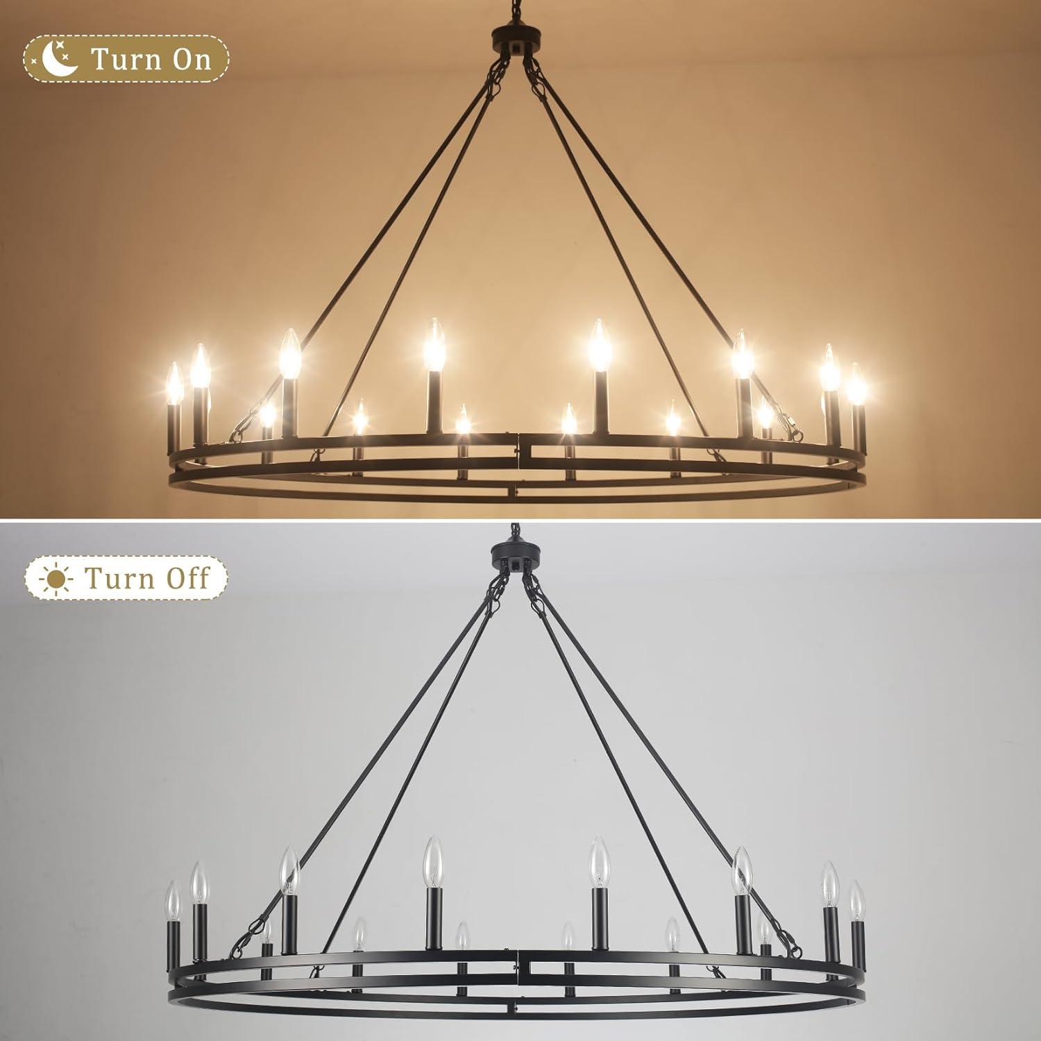 16-Lights Wagon Wheel Chandelier 47 Inch Black Farmhouse Chandelier Large Chandeliers for High Ceilings Round Modern Farmhouse Chandeliers Ceiling Light for Living Room Dining Room Foyer Entryway