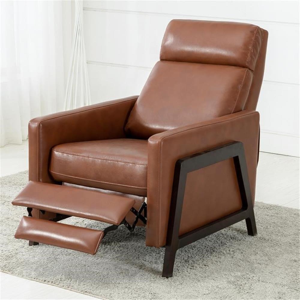 Comfort Pointe Maxton Press-Back Recliner Caramel: Mid-Century Modern, Faux Leather, High Back, Pocketed Coil Seating