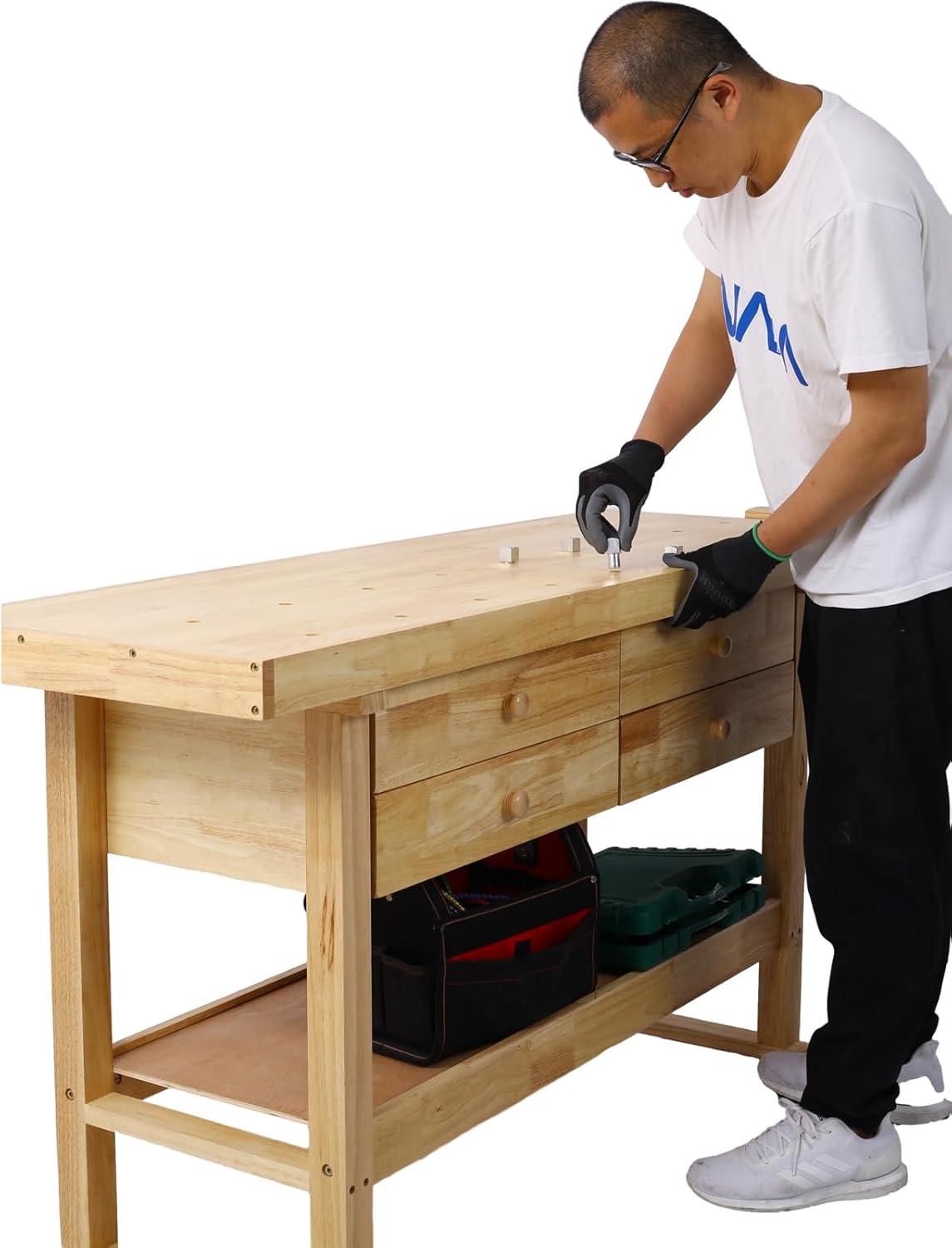 60" Solid Wood Workbench with 4 Drawers and Lower Shelf, Durable Rubberwood Wooden Workbench for Garage, Woodworking Carpenter Workshop and Home Natural Finish 330 lbs Capacity