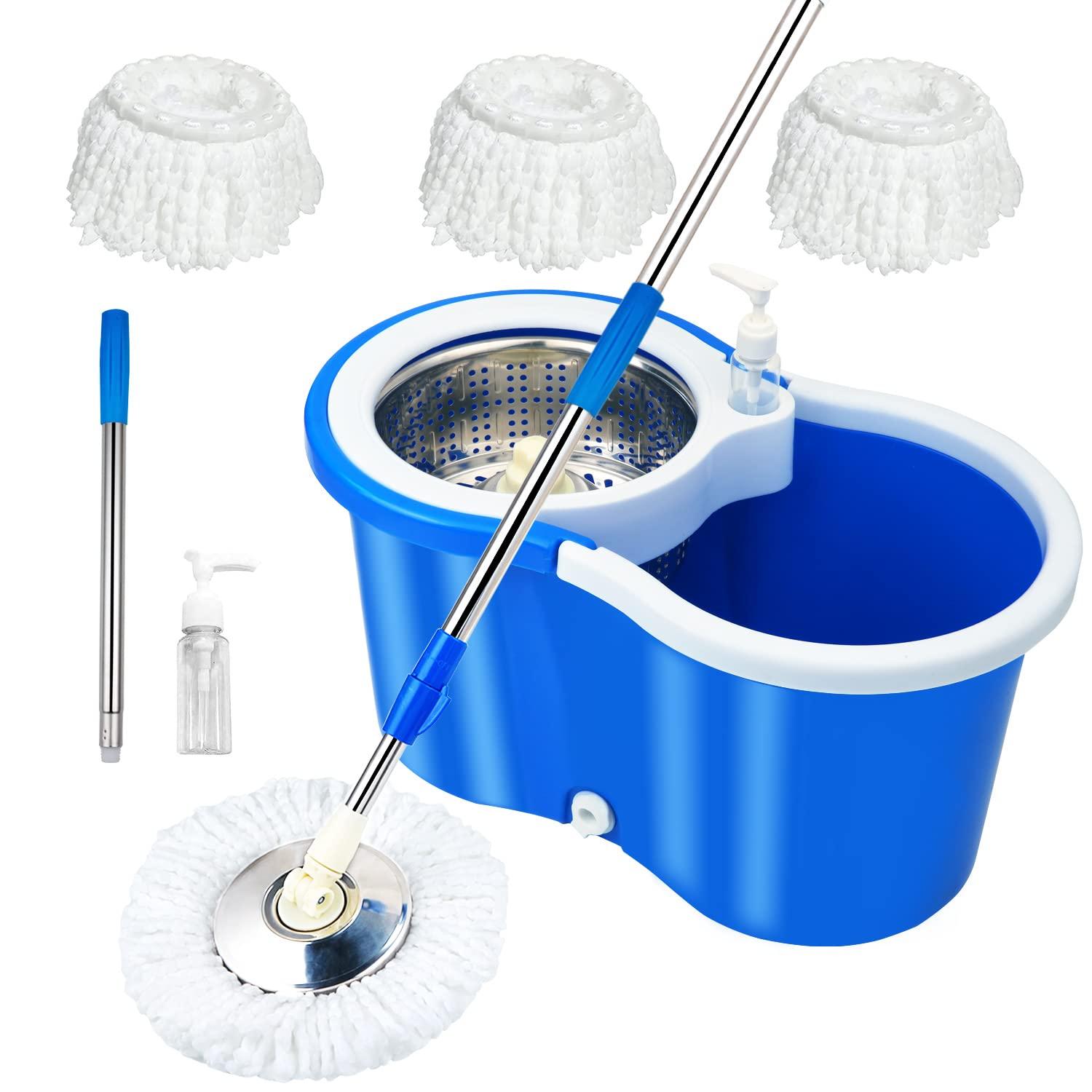 Spin Mop and Bucket with Wringer Set,360°Spin Mop & Bucket Floor Cleaning System Mop Bucket with 61" Adjustable Extended Handle 3 Microfiber Replacement Head Refills