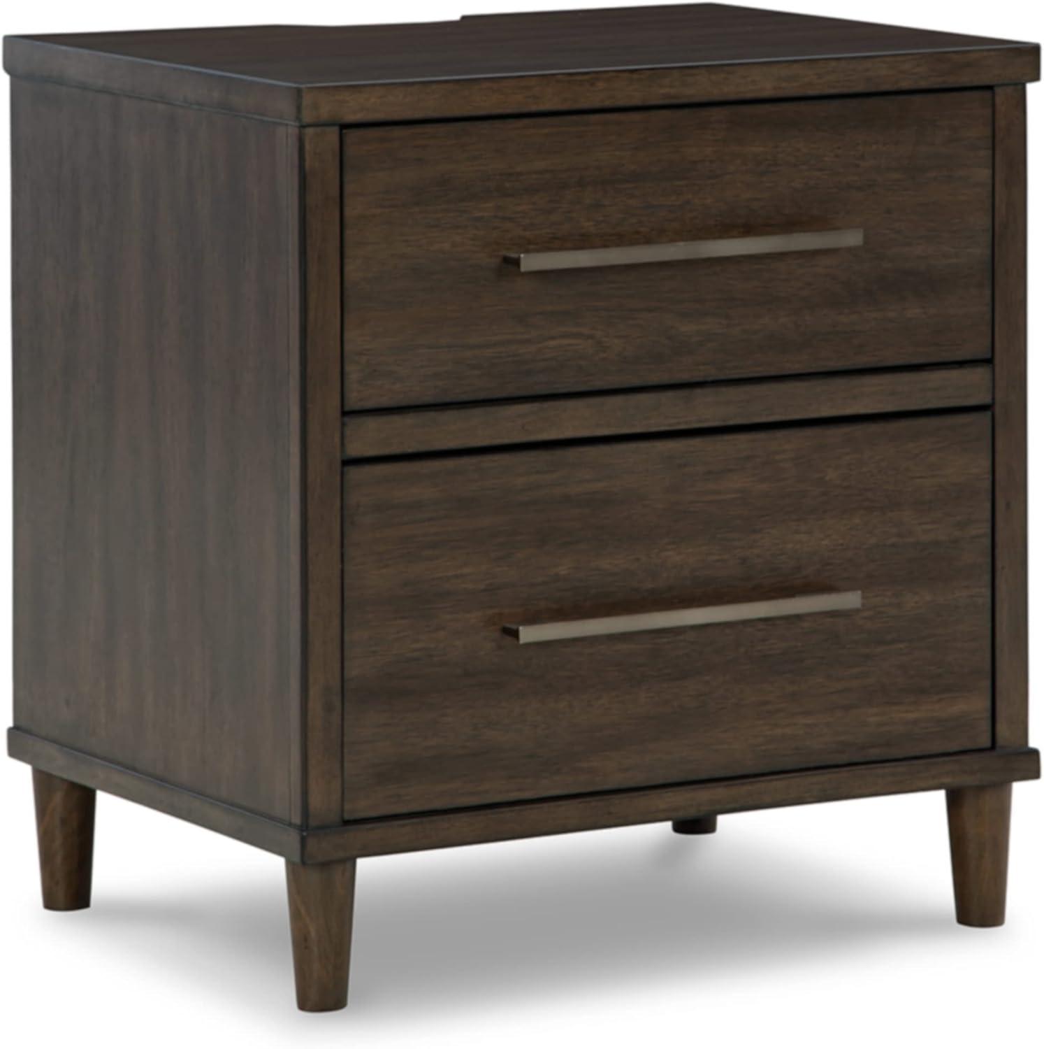 Mid-Century Modern Brown 2-Drawer Nightstand with USB Ports