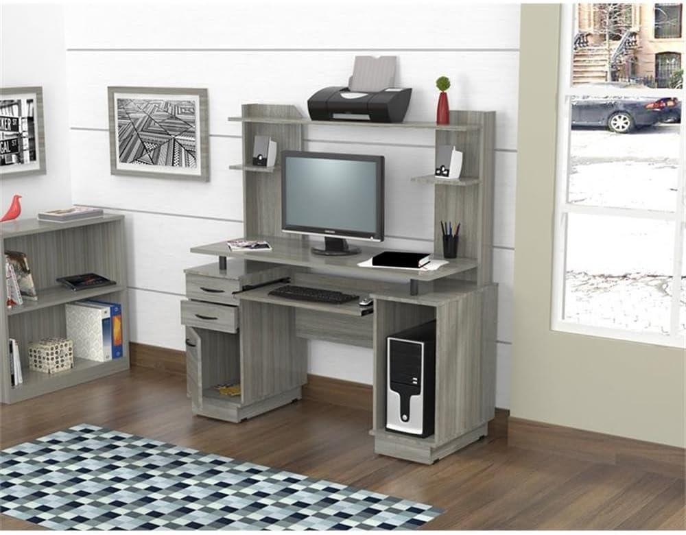 Computer Workcentre With Hutch Smoke Oak - Inval: Modern Laminate Writing Desk, MDF Frame, Open Shelf Storage
