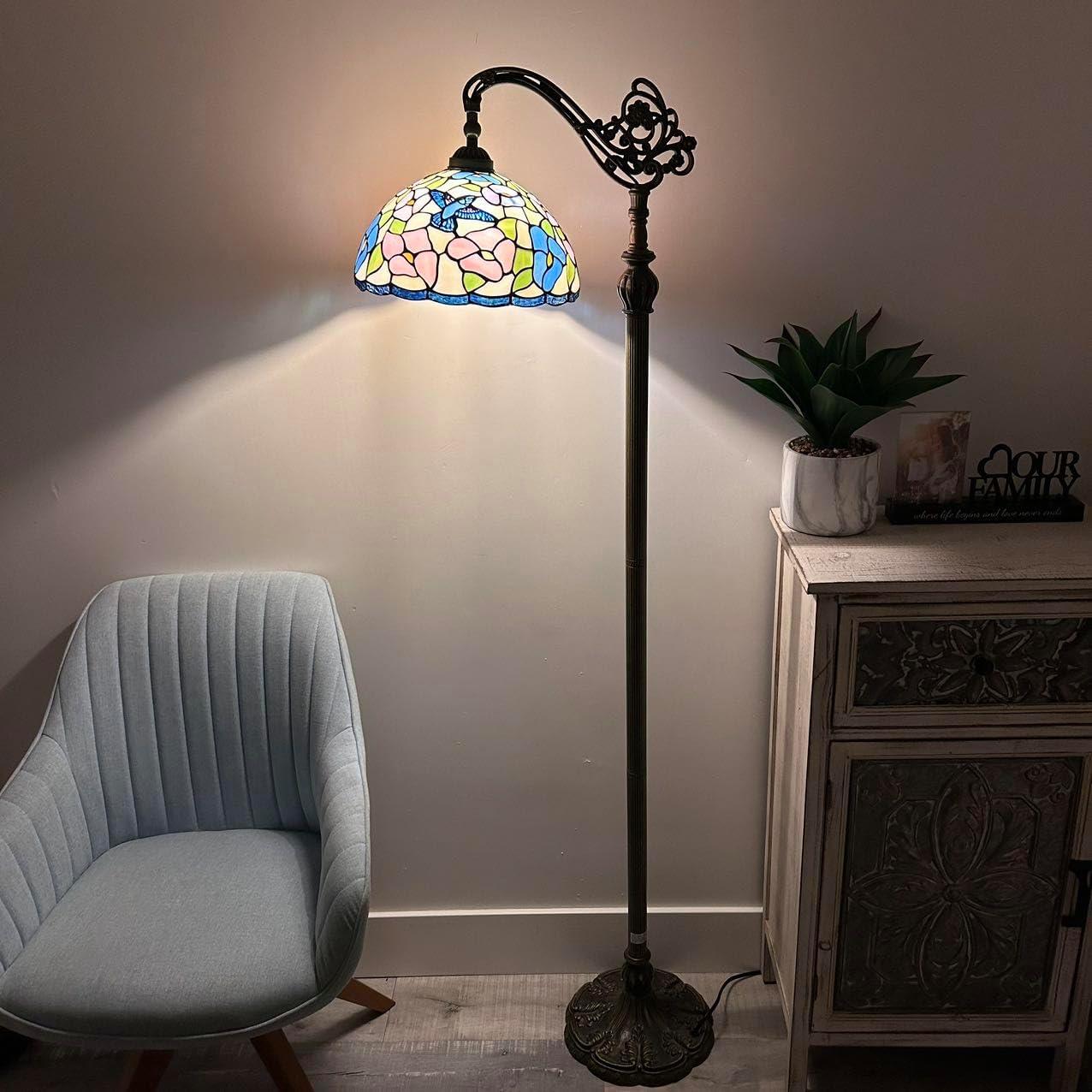 Tiffany Floor lamps Pink blue stained glass Hummingbird Flowers LED Bulb Included Gooseneck Adjustable Corner Standing Reading Light for Living Room Bedroom 20"W*12"D*63"H
