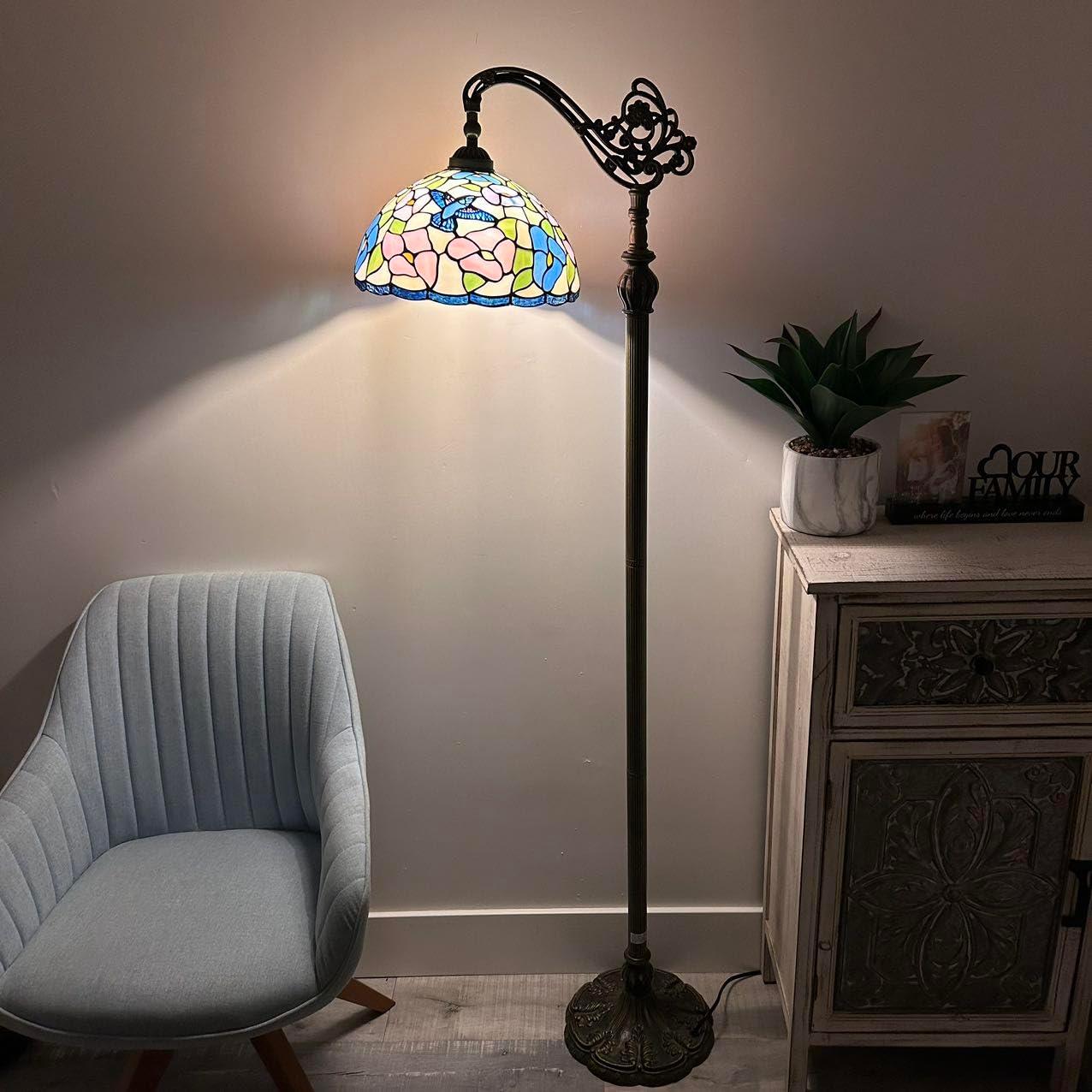 Enjoy Décor Lamps 63-Inch Tiffany 1-Light Hummingbird Flowers Bronze Gooseneck Adjustable Corner Standing Reading LED Floor Lamp with Stained Glass Bowl