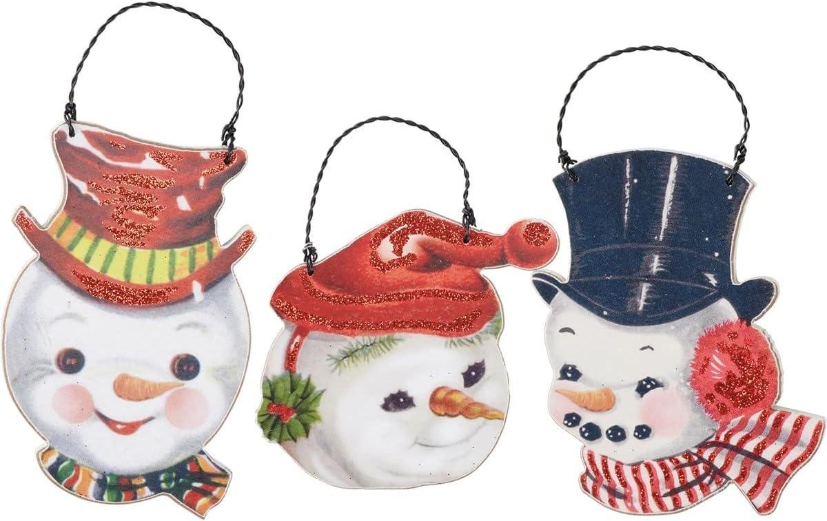 Vintage Snowmen Wooden Christmas Ornament Set with Glitter Accents