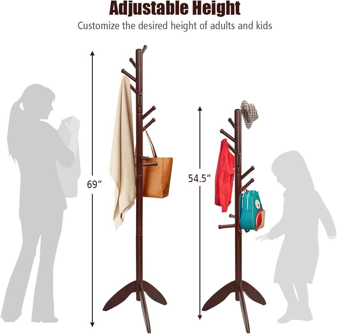 Dark Brown Rubber Wood Freestanding Coat Rack with 11 Hooks