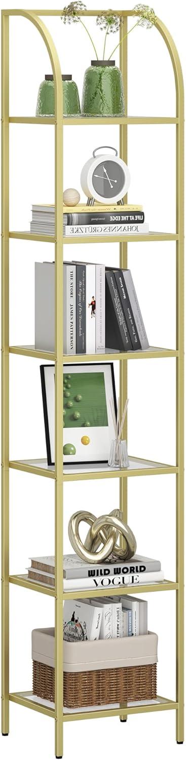 Mercer41 Bookcase Bookshelf, Tempered Glass Arched Bookshelf For More Storage, Slim Shelving Unit For Bedroom, Bathroom, Home Office, Steel Frame, 6 Tier Gold