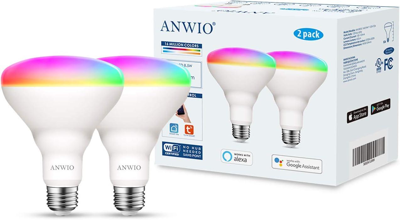 ANWIO Smart Light Bulb BR30 RGB Color Changing LED WiFi Dimmable Multicolor Light Bulbs E26 Base, Compatible with Alexa, Google Assistant, No Hub Required, 650 Lumen 8.5W (60W Equivalent) 2 Pack