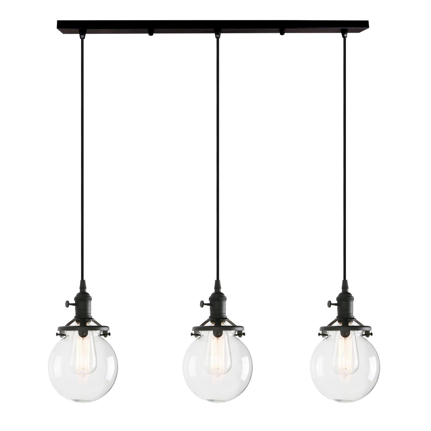 PERMO Vintage Rustic Industrial 3-Lights Kitchen Island Chandelier Triple 3 Heads Pendant Hanging Ceiling Lighting Fixture with Funnel Flared Clear Glass Shade (Black)