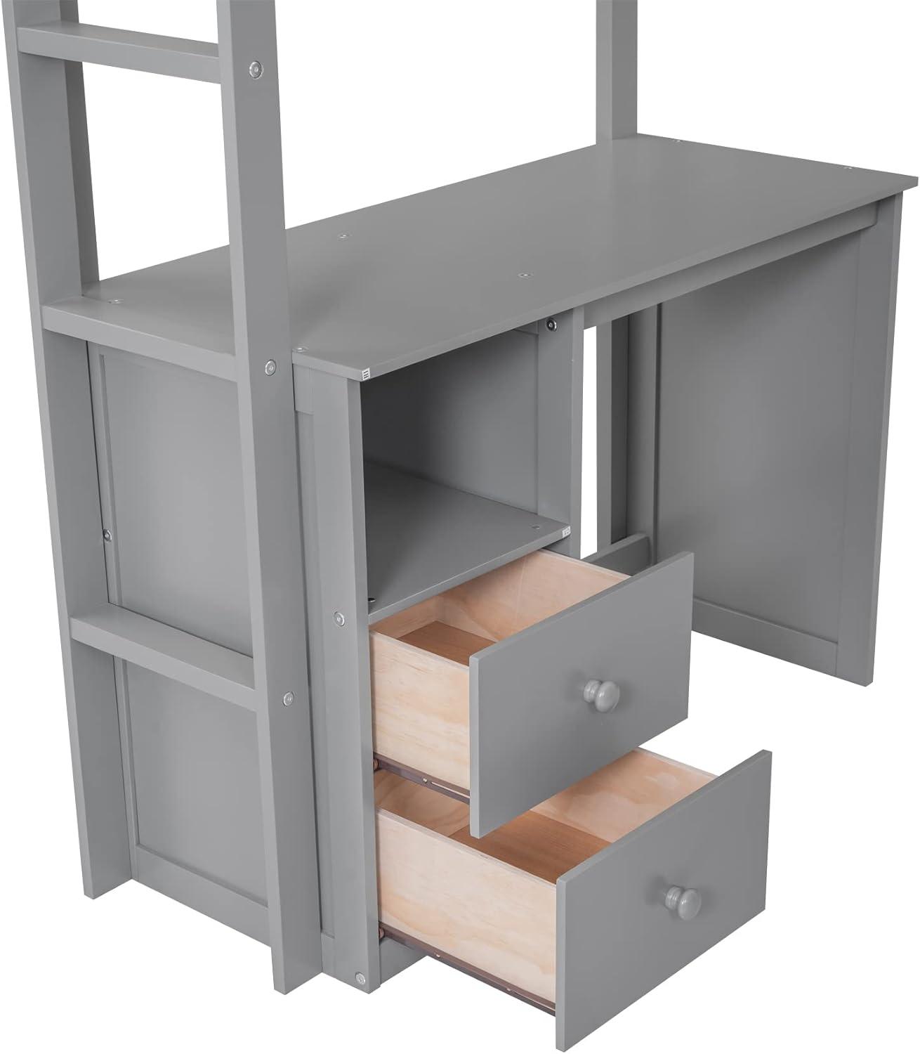 Harper & Bright Designs Twin Size Loft Bed with Wardrobes and Desk, Solid Wood Loft Bed Frame with 2 Storage Drawers Cabinet, for Kids Teens Adults (Gray)