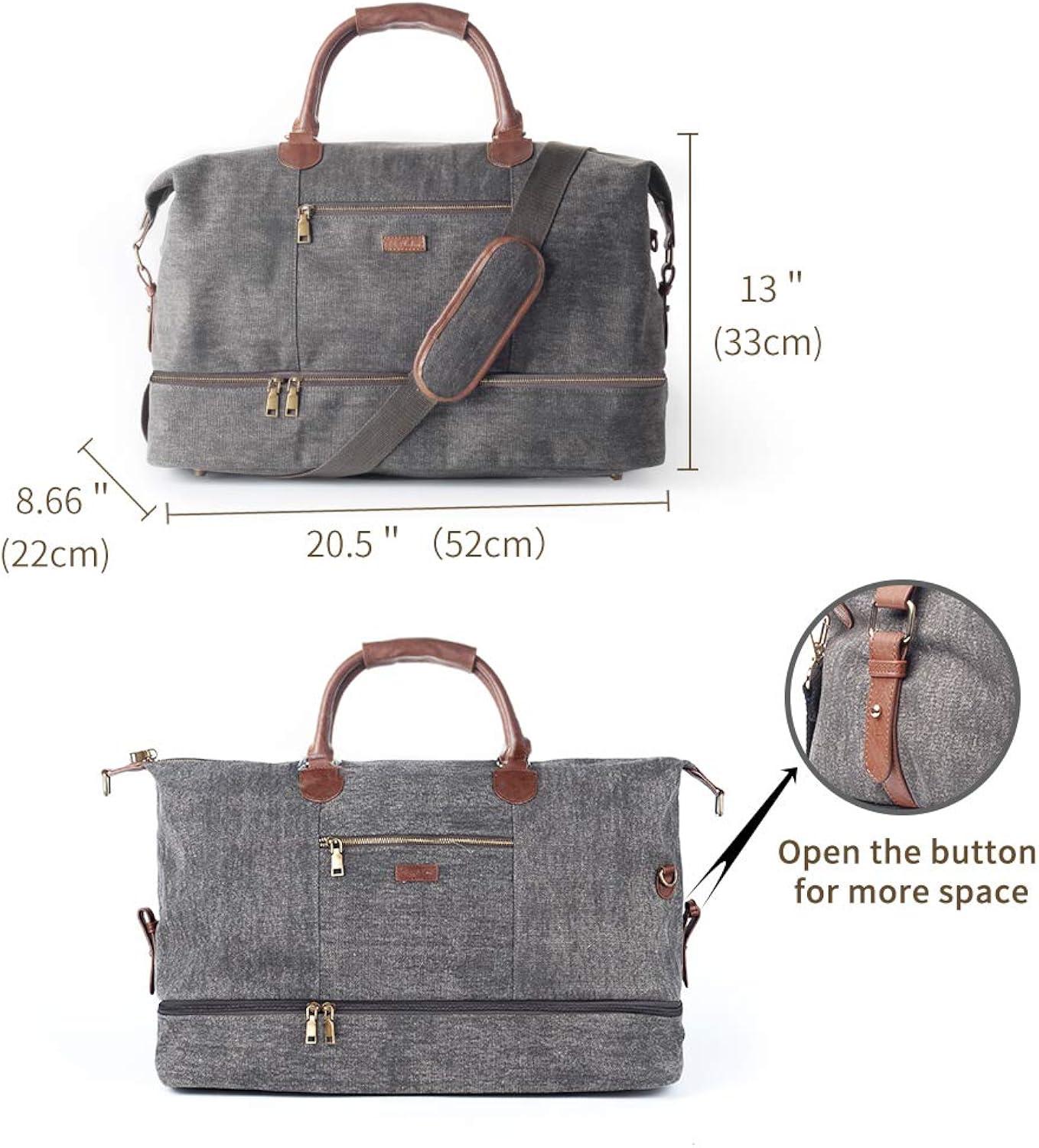 Gray Canvas Weekender Bag with Faux Leather Trim