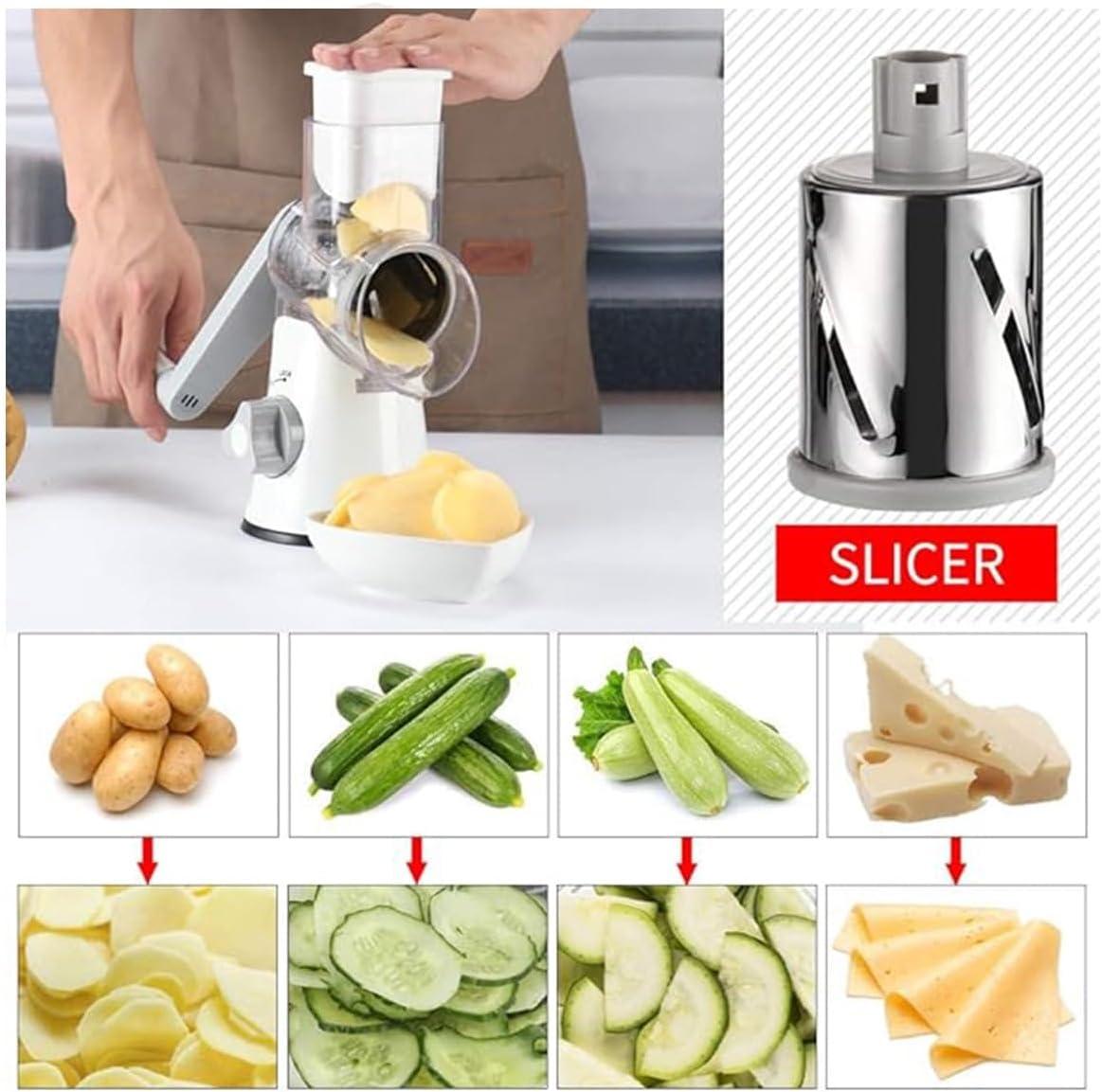Rotary Cheese Grater Cheese Shredder - Kitchen Manual Cheese Grater with Handle Vegetable Slicer Nuts Grinder 3 Replaceable Drum Blades and Strong Suction Base Free Cleaning Brush