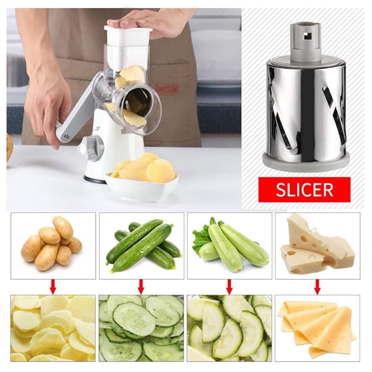 Rotary Cheese Grater Cheese Shredder - Kitchen Manual Cheese Grater with Handle Vegetable Slicer Nuts Grinder 3 Replaceable Drum Blades and Strong Suction Base Free Cleaning Brush