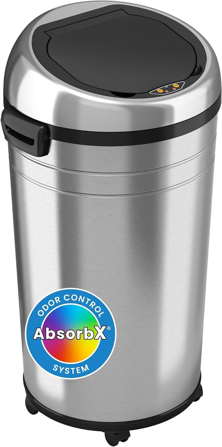 iTouchless Rolling Sensor Kitchen Trash Can with Wheels and AbsorbX Odor Filter 23 Gallon Silver Stainless Steel