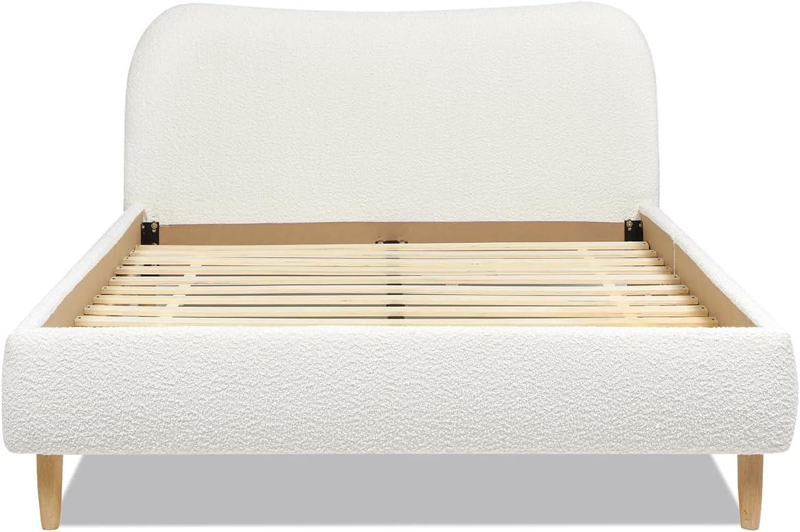 Ivory White Boucle Upholstered Queen Platform Bed with Curved Headboard