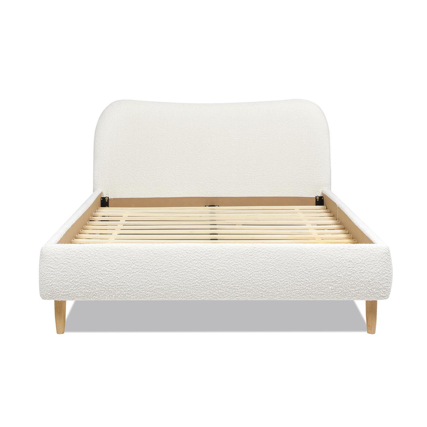 Jennifer Taylor Home Roman Curved Headboard Upholstered Platform Bed, Queen, Ivory White Boucle