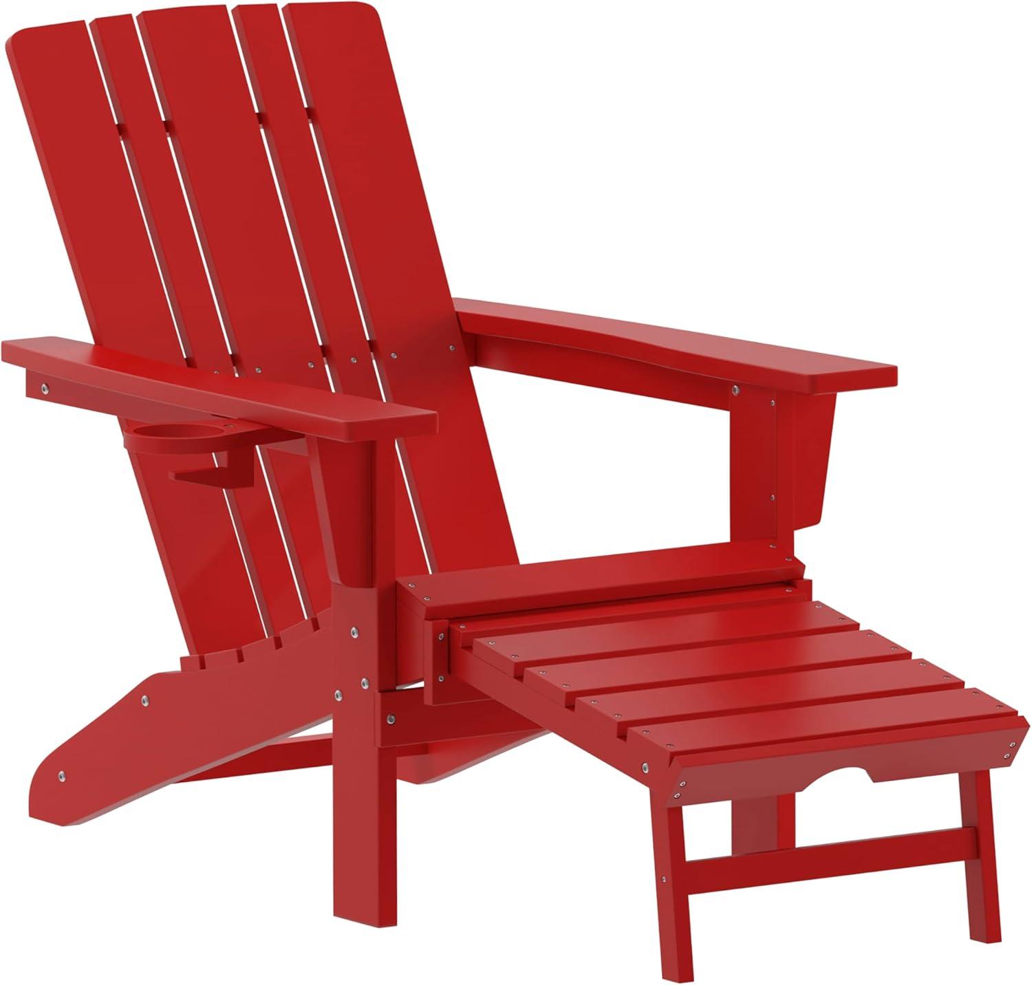 Flash Furniture Halifax HDPE Adirondack Chair with Cup Holder and Pull Out Ottoman, All-Weather HDPE Indoor/Outdoor Lounge Chair in Red