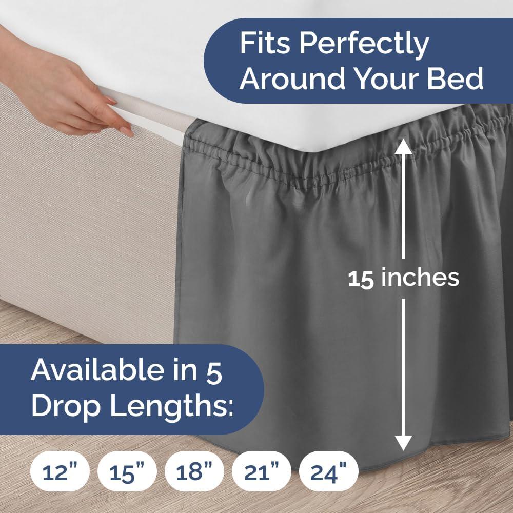 CGK Linens Elastic Wrap-Around Dust Ruffled Bed Skirt - Easy Fit with Pleated 15" Drop in Dark Grey, Size Twin
