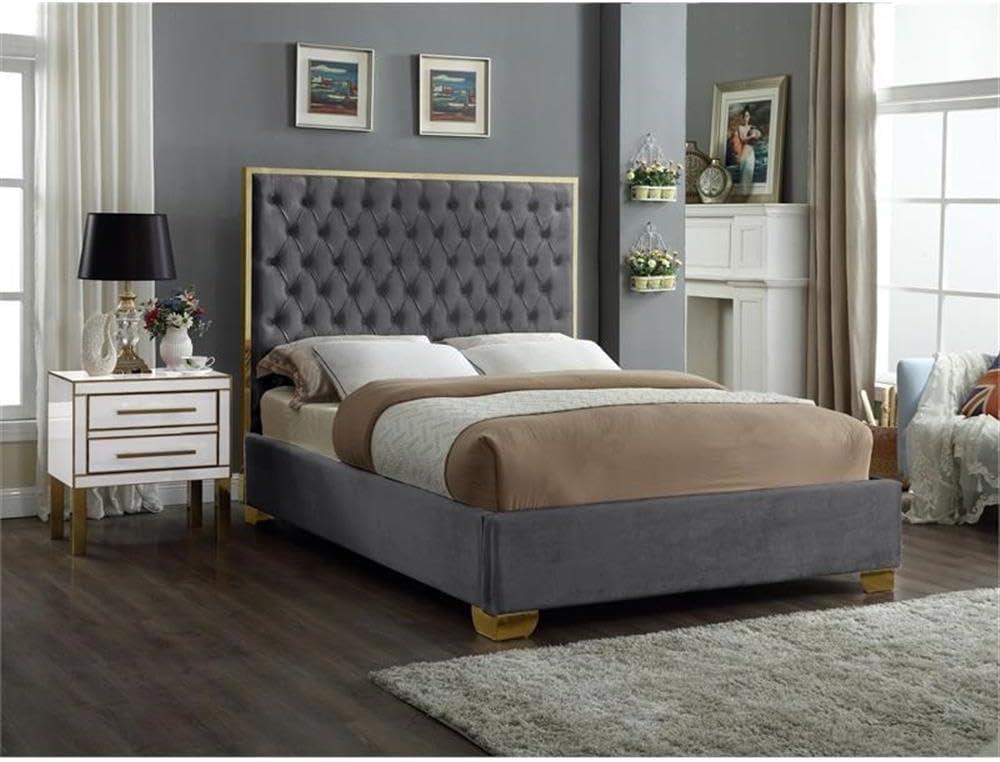 Meridian Furniture Lana Solid Wood and Velvet Queen Bed in Gray