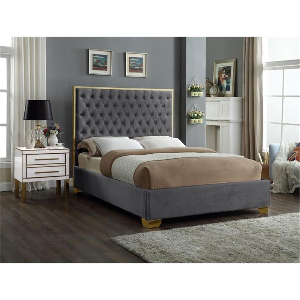 Meridian Furniture Lana Solid Wood and Velvet Queen Bed in Gray