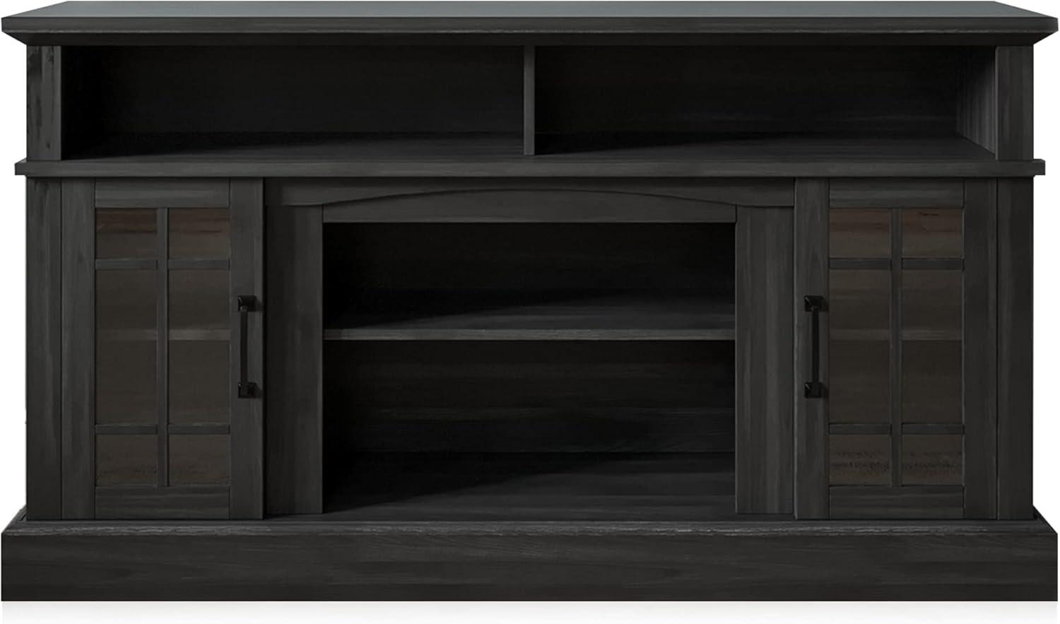 BELLEZE 58 Inch TV Stand, Rustic Wood Entertainment Center for TVs up to 65",  Contemporary Media Console Table with Two Open Shelves and Glass Door Cabinets - Astorga (Rustic Grey)