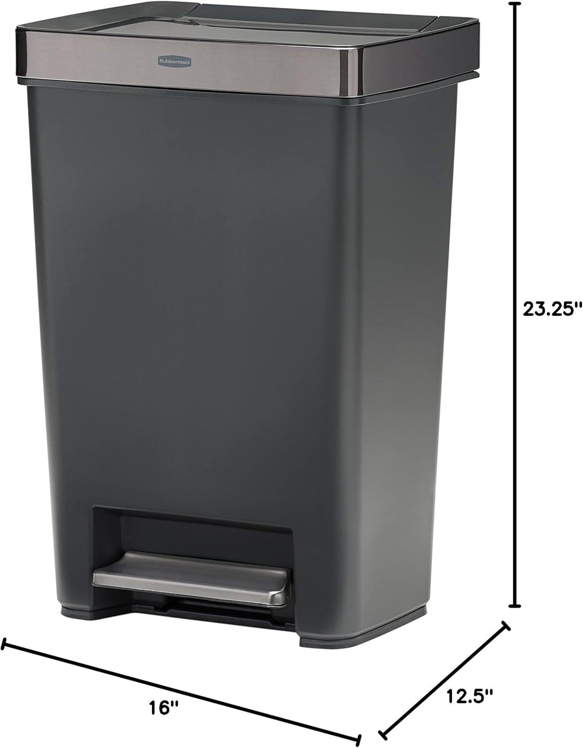 Rubbermaid Premier Series IV Step-On Trash Can for Home and Kitchen, 13 Gallon, Stainless Steel Lid Charcoal, for Home/Kitchen/Hotel/Lobby/Office