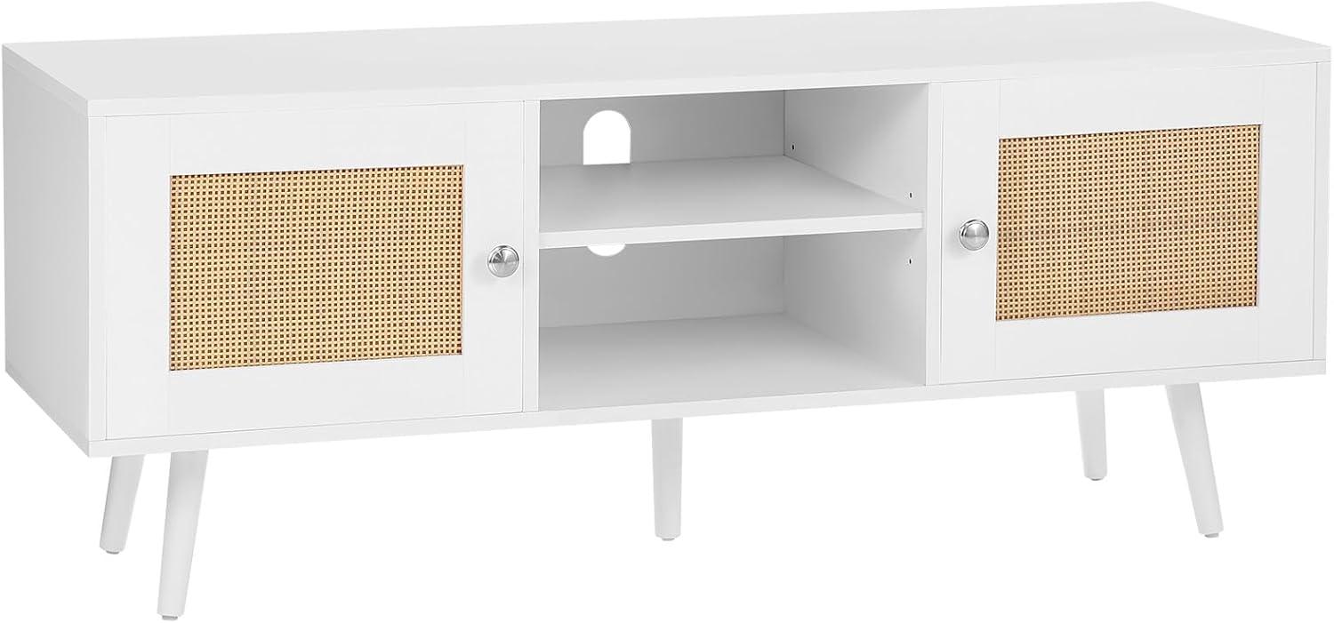 VEVOR Rattan Mid Century Modern TV Stand, Boho TV Console for 55 inch TV, White