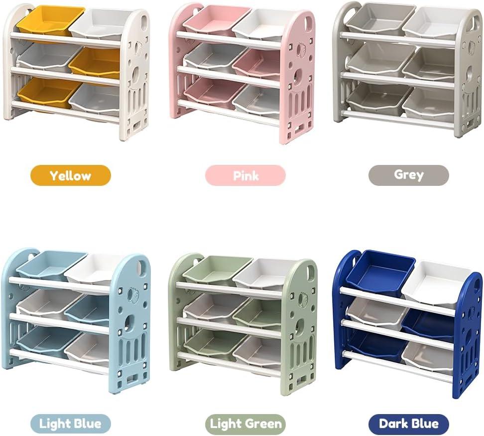 3-Tier Kids Toy Storage Organizer Shelf, Child Storage Cabinet with 6 Plastic Bins, Multi-Functional Nursery Storage Rack for Playroom Bedroom Living Room, Green