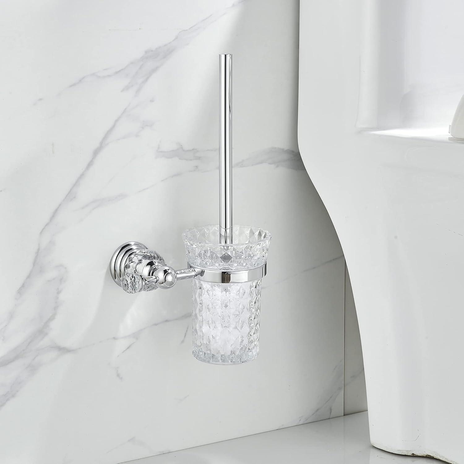 Crystal Wall-Mounted Toilet Brush Holder with Polished Silver Handle