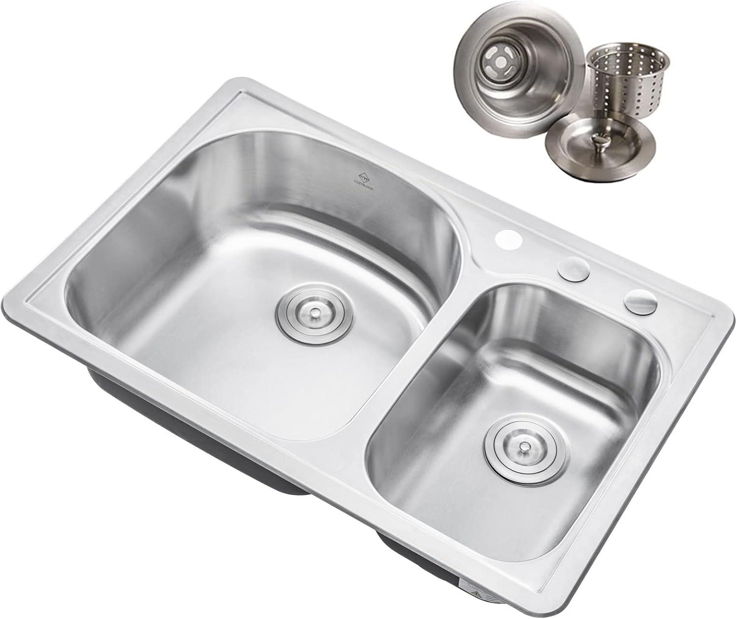 33'' Brushed Stainless Steel Double Bowl Kitchen Sink with Strainer