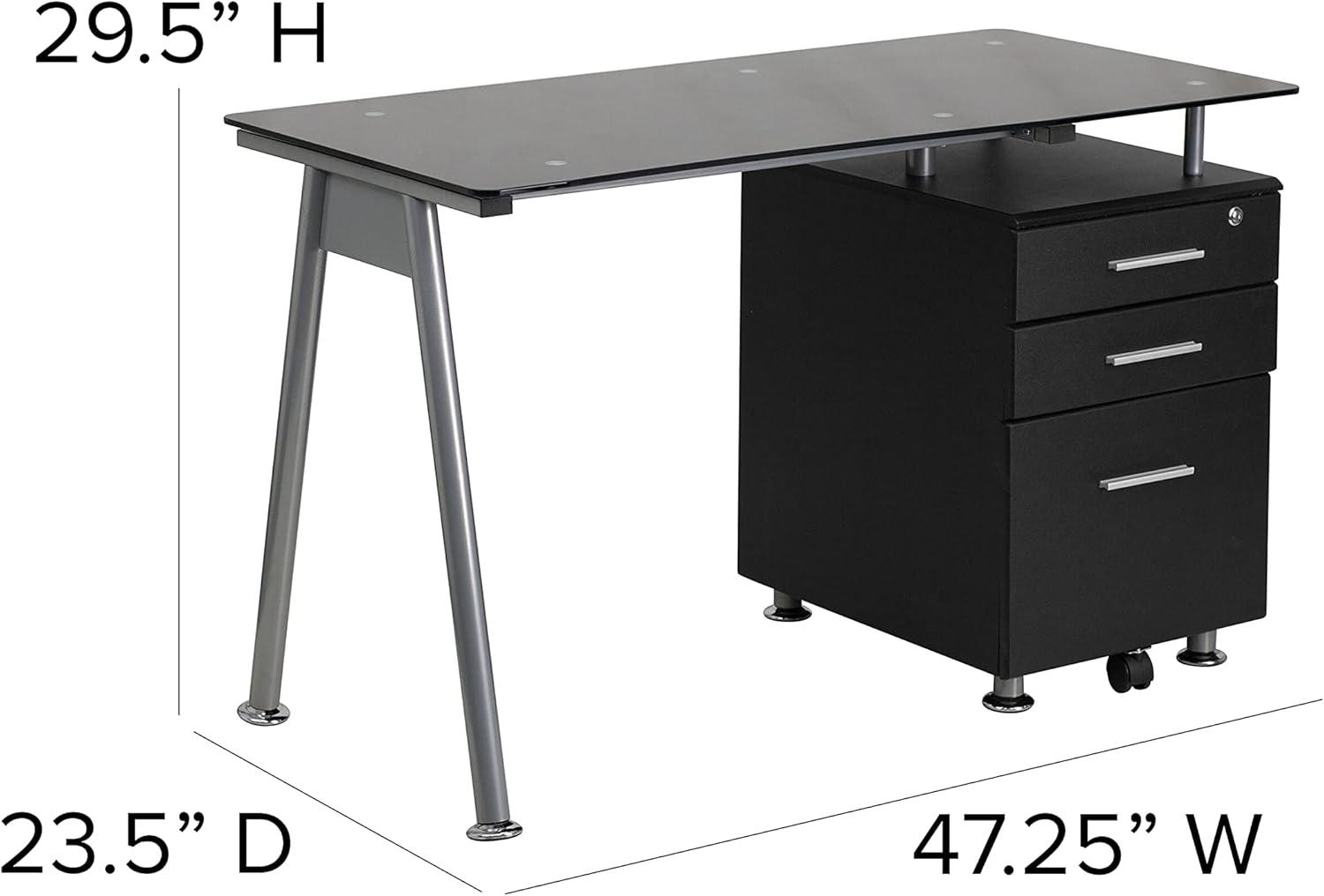 Emma and Oliver Black Glass Computer Desk with Three Drawer Pedestal