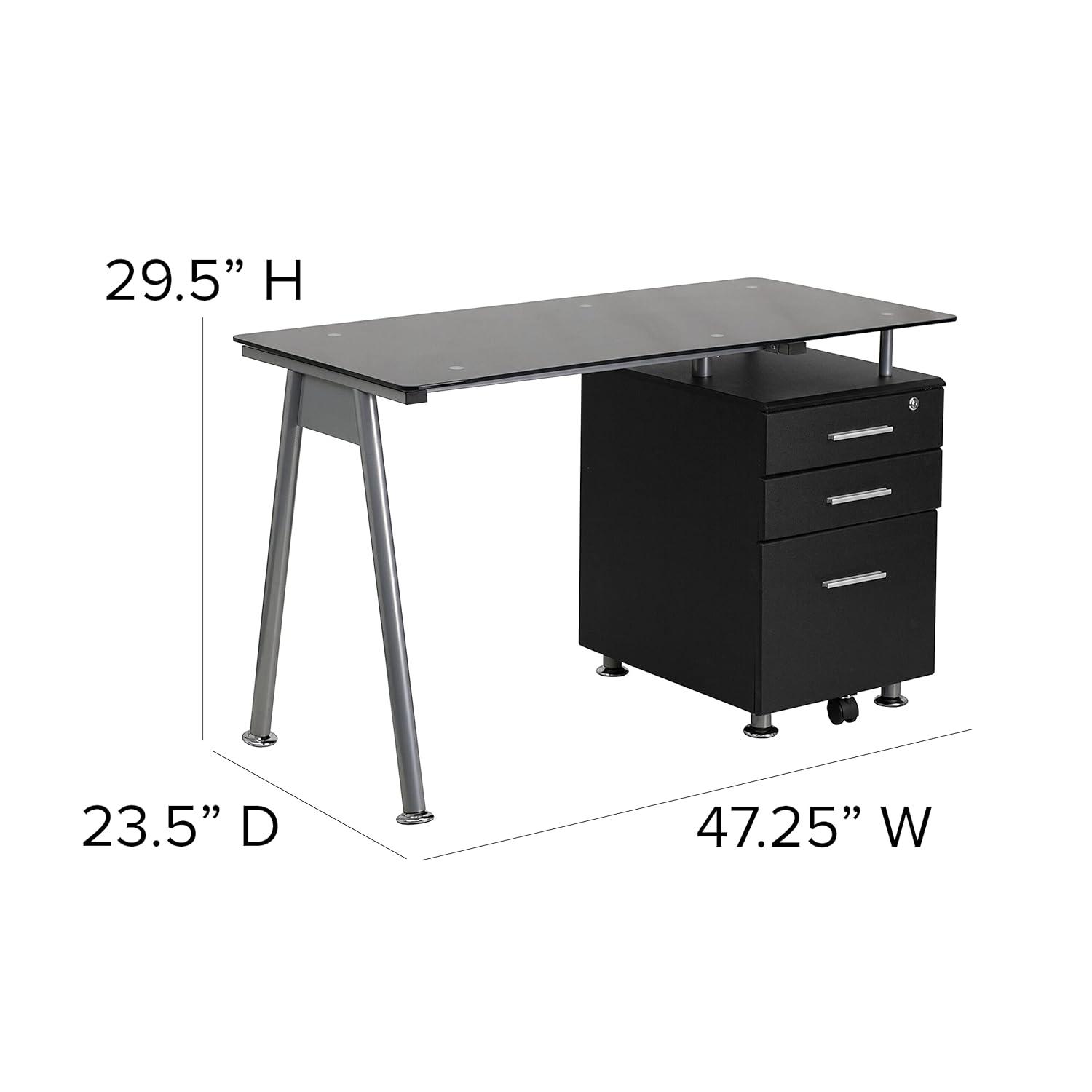 Emma and Oliver Black Glass Computer Desk with Three Drawer Pedestal