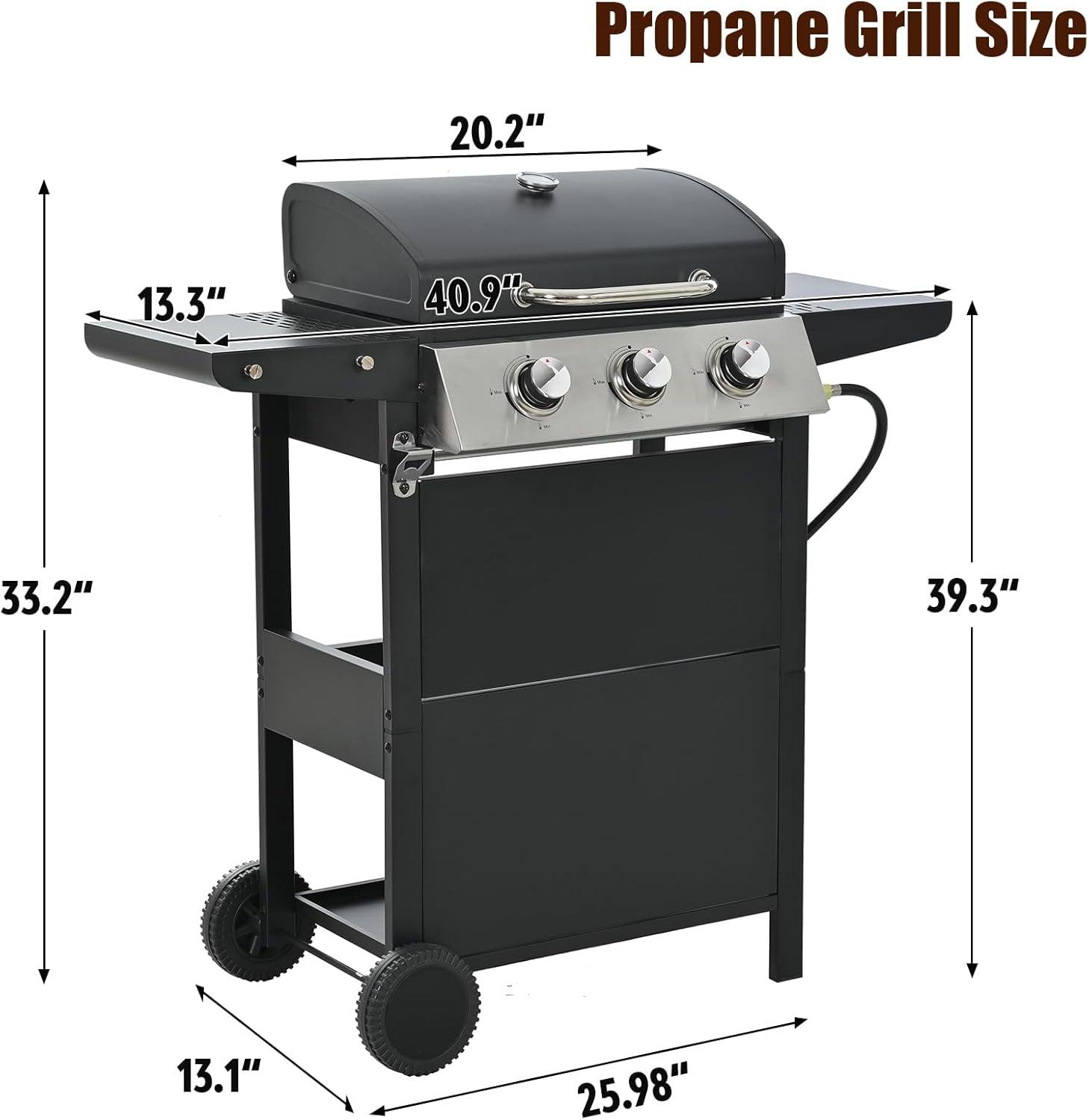 Black Stainless Steel 3-Burner Gas Grill with Side Tables