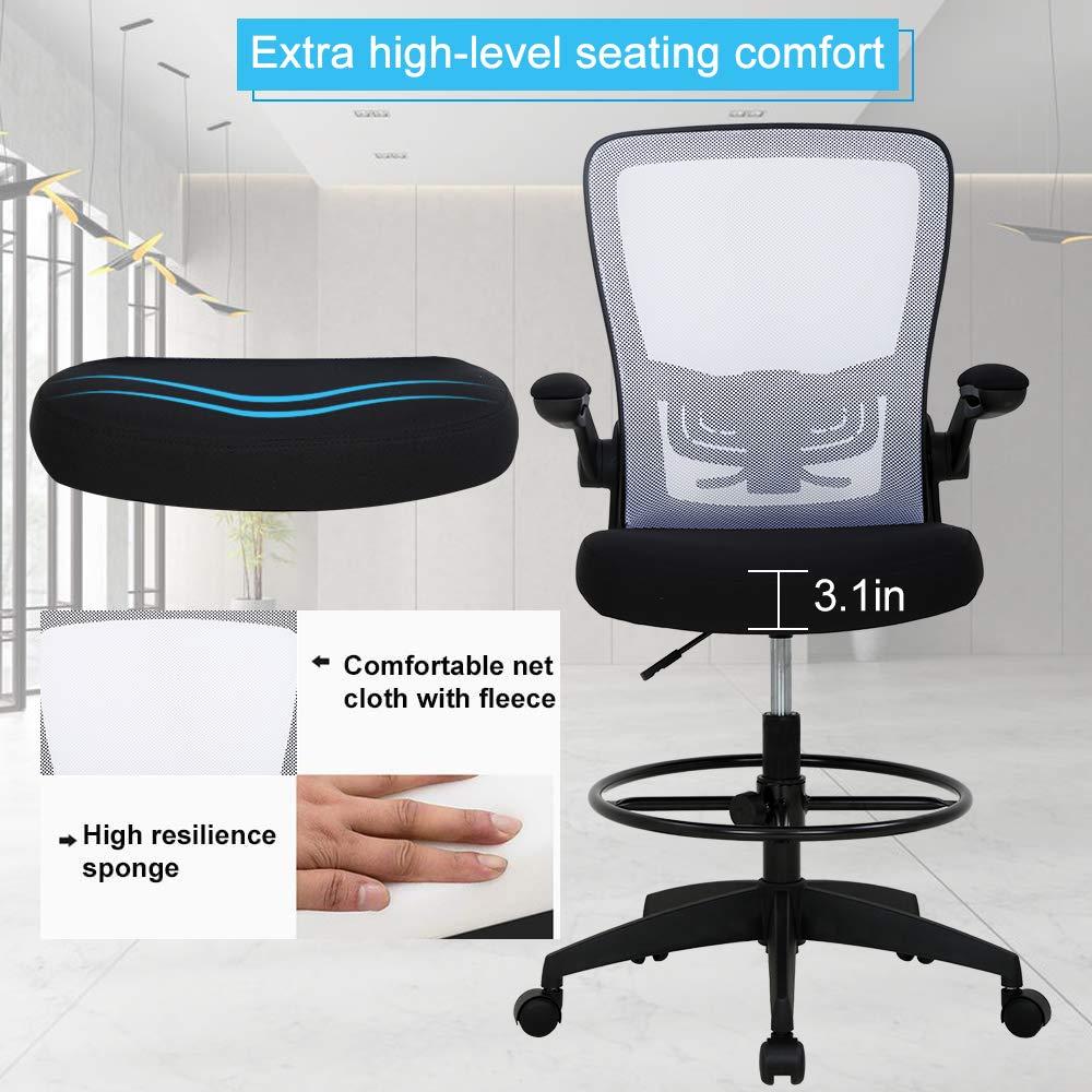 Drafting Chair Tall Office Chair Adjustable Height with Lumbar Support Flip Up Arms Footrest Mid Back Task Mesh Desk Chair Computer Chair Drafting Stool for Standing Desk, Black